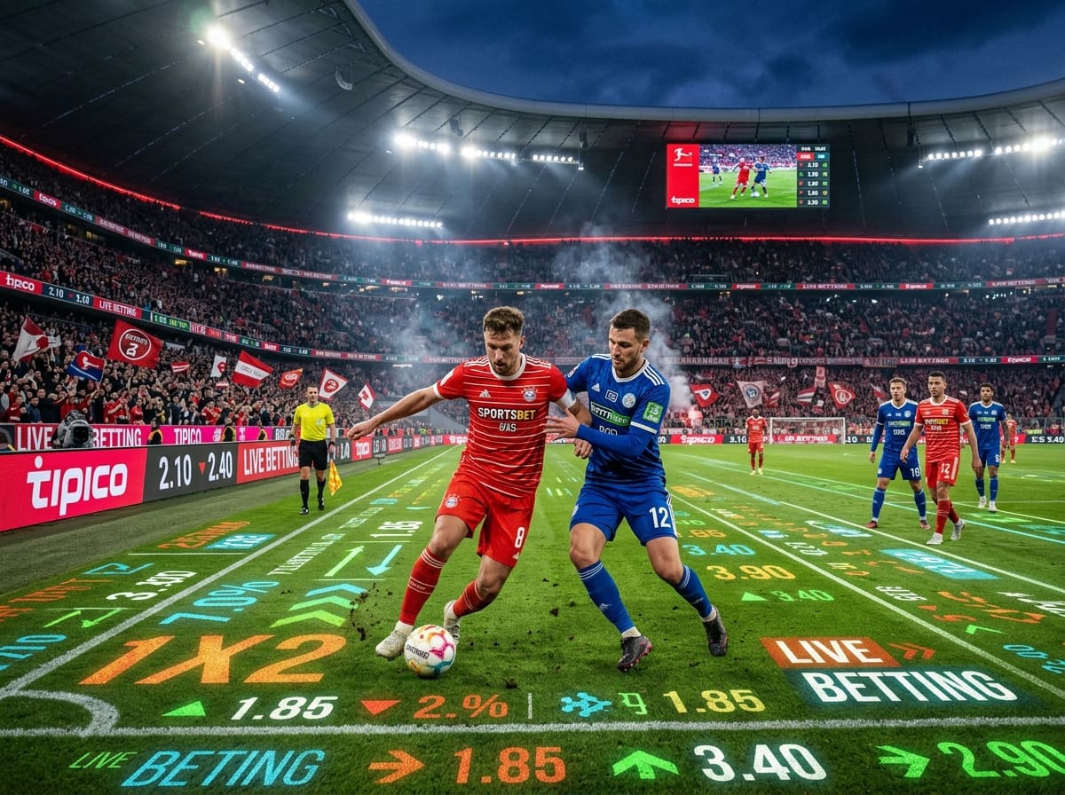 Zwei Fußballer streiten um den Ball, auf dem Rasen sind Wettquoten projeziert.